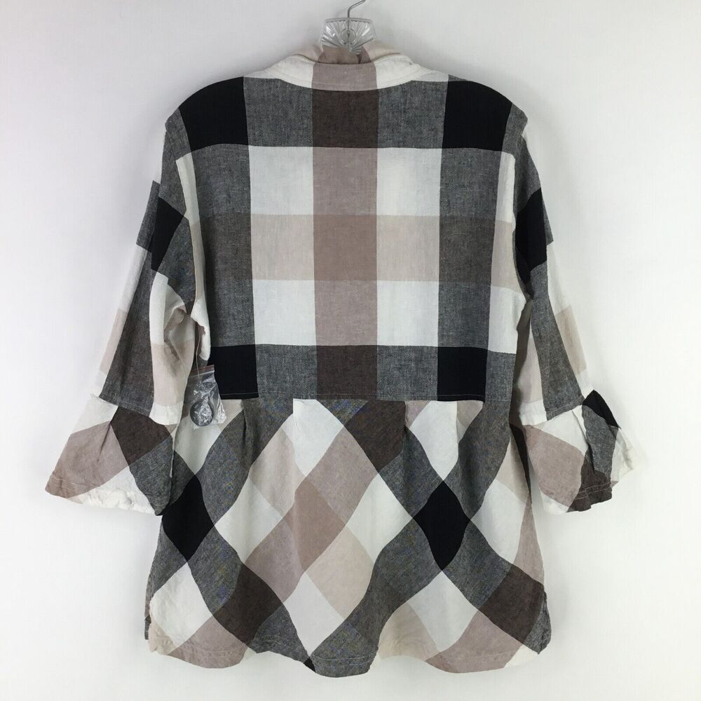 Ali Miles Linen Blend Button Up Tunic sz M Nova Check Plaid Ruffle Babydoll NEW - Picture 3 of 11